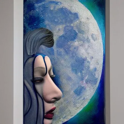 Image similar to surreal tears from the moon, art by jeff lyons and / or sandra pelser. modern design, painting for a wall, trending on artstation, high taste. masterpiece. visual but photorealistic art