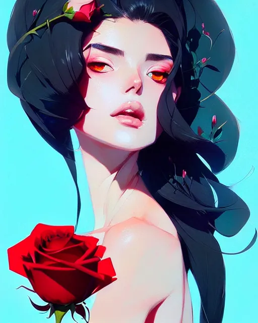 Image similar to a ultradetailed beautiful panting of a stylish woman holding a rose, by conrad roset, greg rutkowski and makoto shinkai, trending on artstation