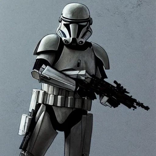 Image similar to an extremely long shot of an imperial stormtrooper in battle position ready to shoot his blaster concept art by Doug Chiang cinematic, realistic painting, high definition, very detailed, extremely high detail, photo realistic, concept art, the Mandalorian concept art style