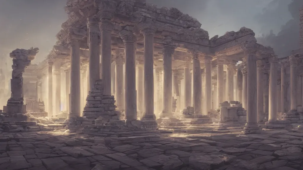 Image similar to ancient temple in ruins with impeccably clean white marble columns, glowing golden statues, by sylvain sarrailh, rossdraws, ambient light, ultra detailed, fantasy artwork, 8 k, volumetric lighting, trending on artstation, award winning, very beautiful.