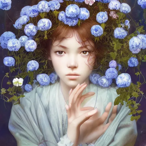 Image similar to breathtaking detailed concept art painting of the goddess of nemophila flowers, orthodox saint, with anxious, piercing eyes, ornate background, amalgamation of leaves and flowers, by Hsiao-Ron Cheng, James jean, Miho Hirano, Hayao Miyazaki, extremely moody lighting, 8K