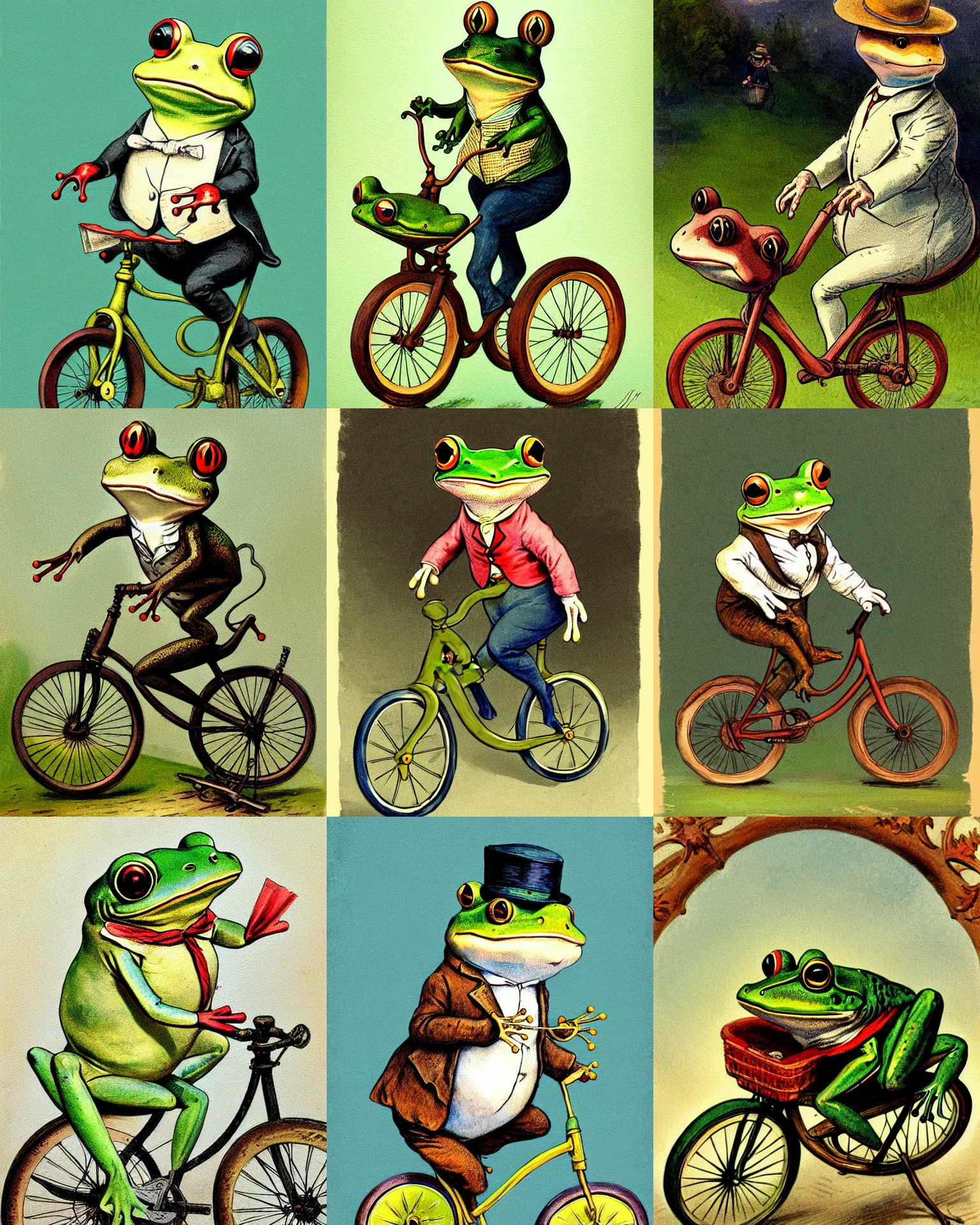Prompt: painting 1870s Frog in vintage suit riding on bike Illustration from children book Vintage, soft light by Beatrix Potter and Alexander Trufanov and Andrei Riabovitchev and Monia Merlo