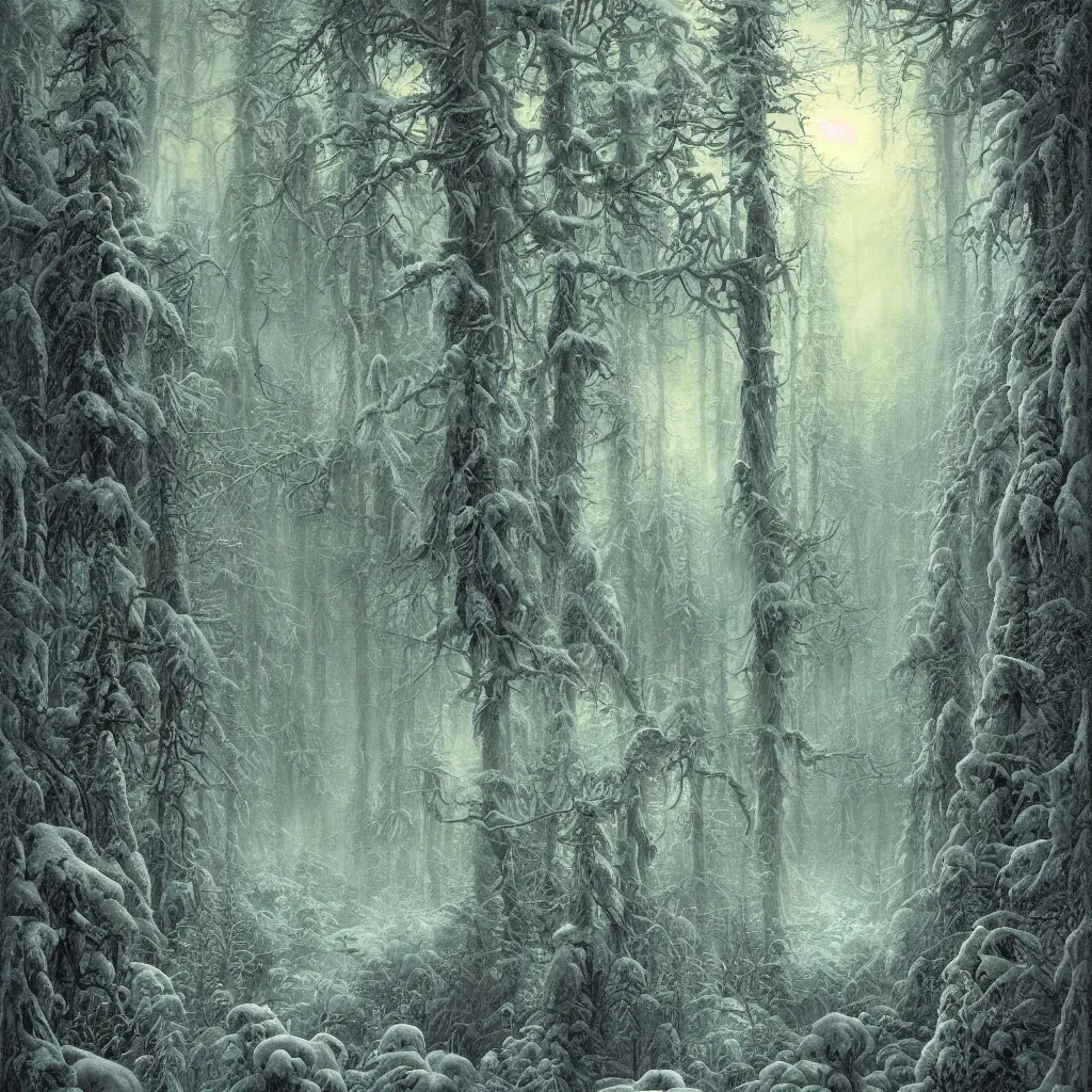 Prompt: a thick and lush haunted northern forest winter night, upward cinematic angle, by rodney matthews, michael kaluta, charles vess and thomas kinkade, haunting ghostly darkness, stunning composition, intricate, elegant, digital art, hyperdetailed, colorful hyperrealism, brilliant photorealism, 4k