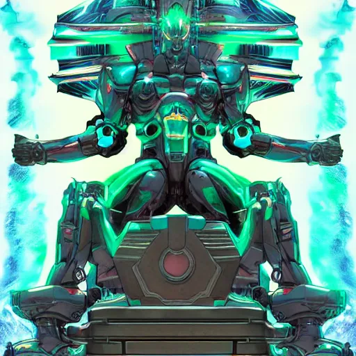 Prompt: Greek God in Mecha style, seated on a throne, high camera angle, symmetrical, in the graphic style of Matt Sanz and DC Comics, hyper detailed, trending on artstation, green glow