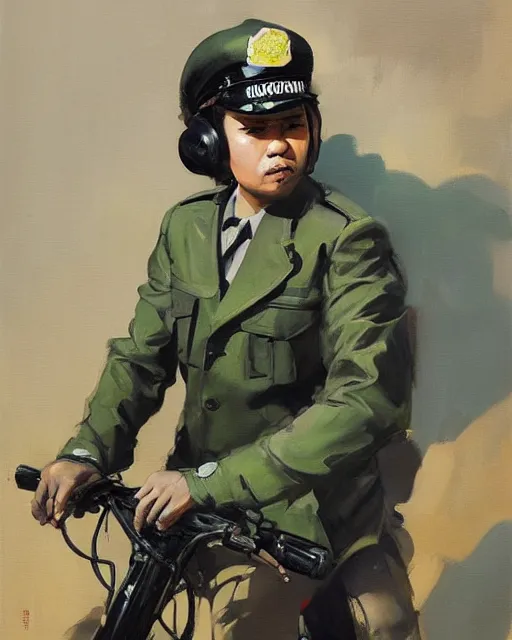 Image similar to greg manchess portrait painting of asian police green uniform, sitting on moped motorbike, medium shot, asymmetrical, profile picture, organic painting, sunny day, matte painting, bold shapes, hard edges, street art, trending on artstation, by huang guangjian and ail elvgren and sachin teng