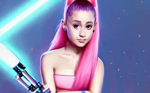 Image similar to A hyper realistic photo of Ariana Grande in the Star Wars universe with two pink lightsabers. Maximum detail on artstation, photo realism