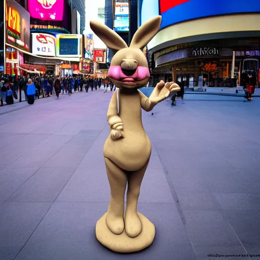 Image similar to a realistic clay sculpture of a funny bunny made by michelangelo, standing in times square, 3 d render, hyper detailed, sharp focus, 8 k resolution