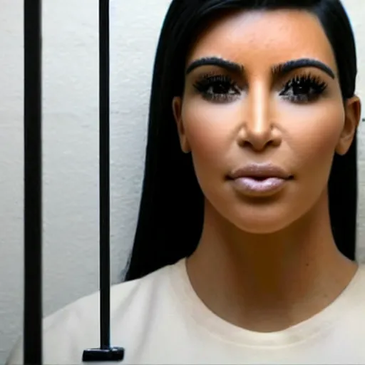 Image similar to real photo of a kim kardashian lookalike, behind bars. standing in jail cell