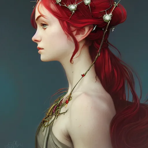 Image similar to portrait of very beautiful elf, rose thorn crown, thorns everywhere, headshot, pale skin, 4k, rule of thirds, extreme detail, detailed drawing, trending artstation, hd, fantasy, D&D, realistic lighting, by Alphonse Mucha, Greg Rutkowski, sharp focus, backlit, bright red hair, elegant