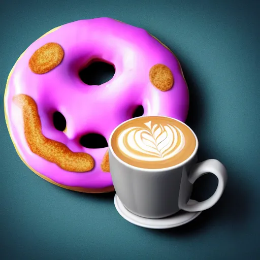 Image similar to pink coffee cup full of donuts, blue pig sitting in chair, ultra realistic, 8 k