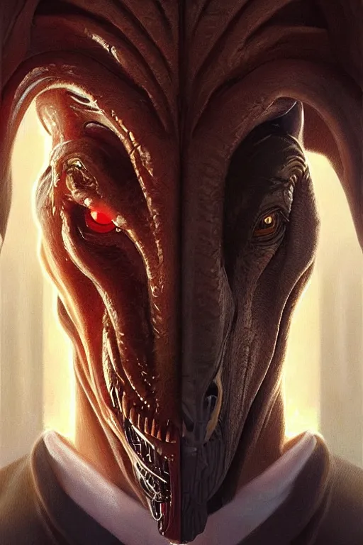 Image similar to vladimir putin with jar jar binks eyes, realistic portrait, symmetrical, highly detailed, digital painting, artstation, concept art, smooth, sharp focus, illustration, cinematic lighting, art by artgerm and greg rutkowski and alphonse mucha