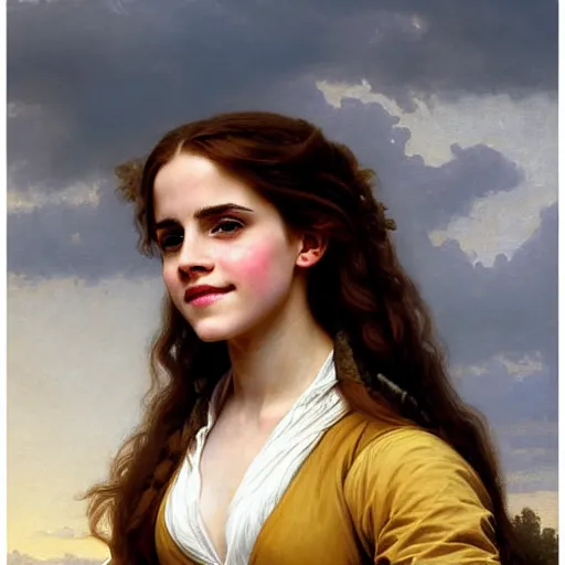 Image similar to Painting of Emma Watson as Hermione Granger. Smiling. Happy. Cheerful. Art by william adolphe bouguereau. During golden hour. Extremely detailed. Beautiful. 4K. Award winning.