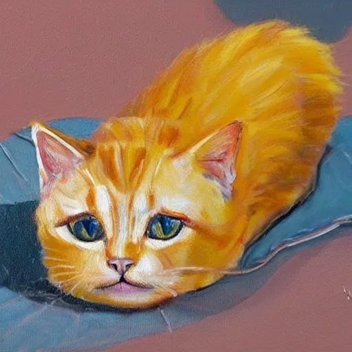 Prompt: expressive and detailed painting of a beautiful little adorable cat whose body is physically made of mustard, curling up very sweet