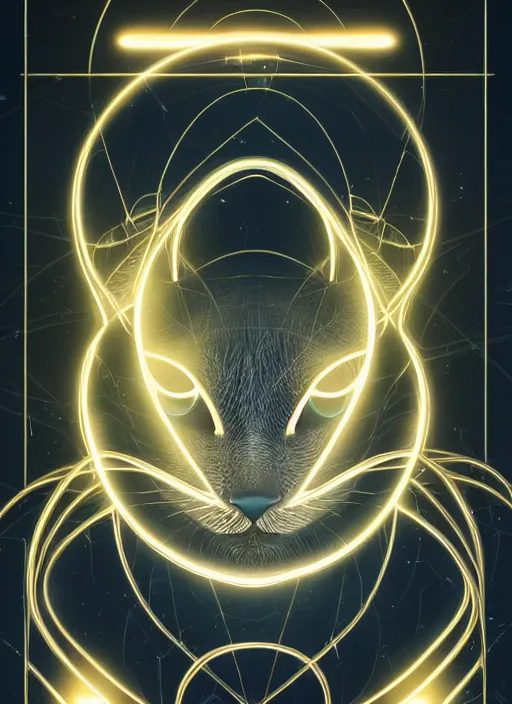 Image similar to symmetry!! product render poster golden ration cat, scifi, glowing fog intricate, elegant, highly detailed, digital painting, artstation, concept art, smooth, sharp focus, illustration, art by artgerm