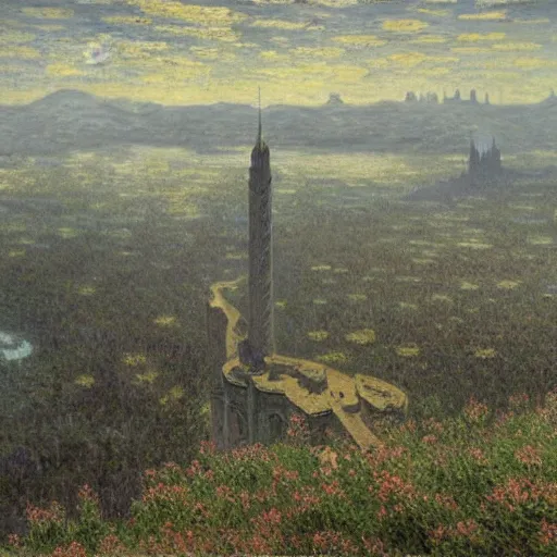 Image similar to an ultra detailed matte painting of a lonely and impossibly tall ominous dark tower elevated high above the city, on an isolated plateau island in a river elevated high above the city fortress tower, fantasy capital city, ultrawide lense, aerial photography, volumetric lighting, exquisite detail, 8 k, art by claude monet and van gogh and greg rutkowski and alphonse mucha