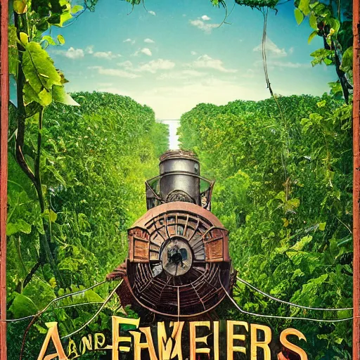 Prompt: A steam wheeler from 1880s, completely overgrown with vines, vegetation and flowers, gently floating down the Amazon river. Movie poster