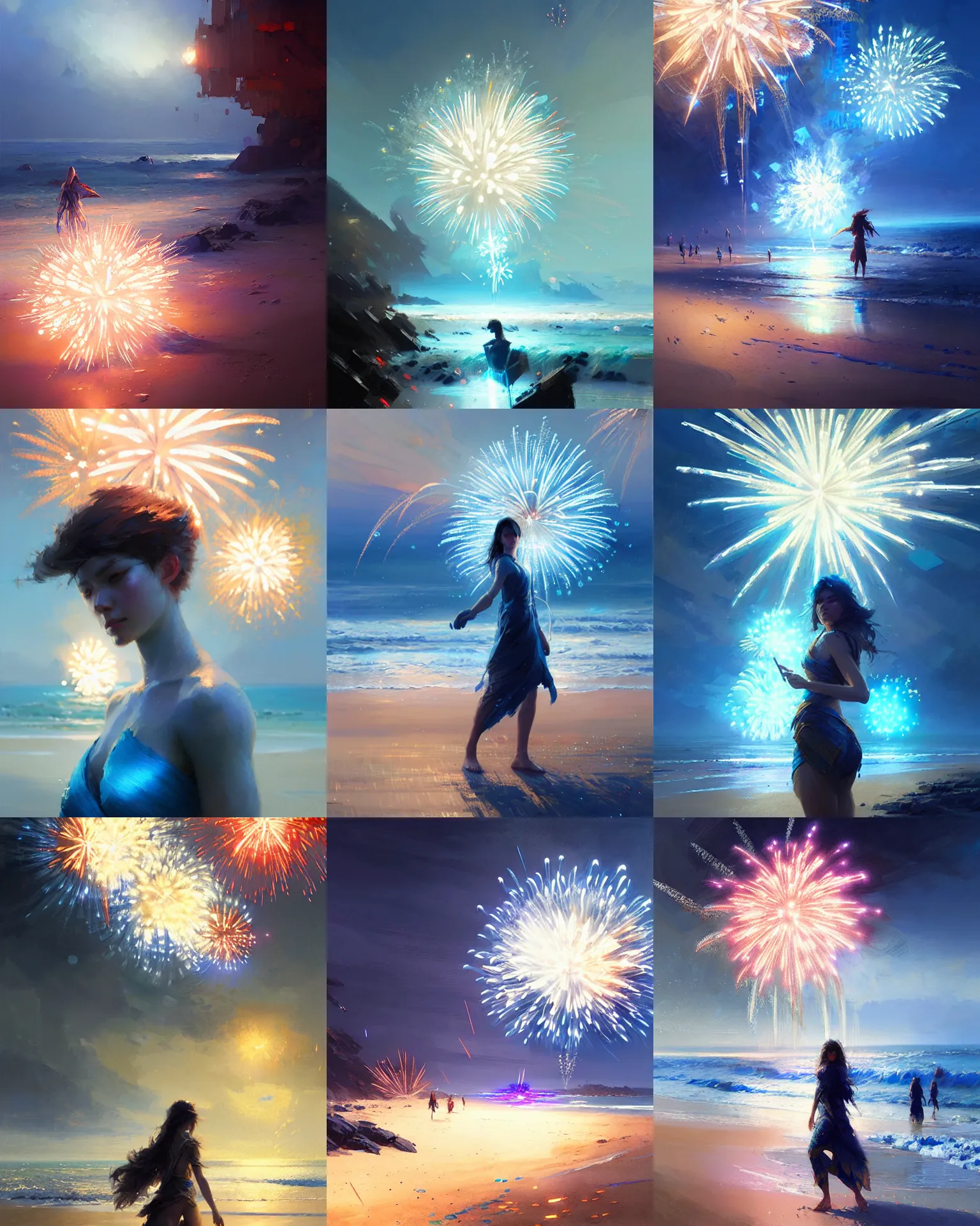 Image similar to beach blue fireworks, intricate, lens flare, bloom, sharp focus, illustration, highly detailed, digital painting, concept art, matte, art by ruan jia and wlop and greg rutkowski, masterpiece