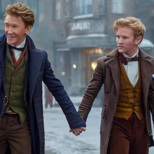 Image similar to newt scamander walking hand in hand with baby groot from guardians of the galaxy, film still from the movie, directed by david yates