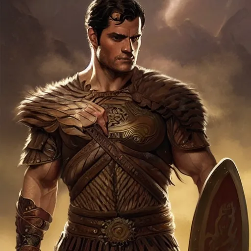 Image similar to Henry Cavill as a warrior, D&D, flowing, muscular, fantasy, intricate, thighs, elegant, highly detailed, digital painting, artstation, concept art, smooth, sharp focus, illustration, art by artgerm and greg rutkowski and alphonse mucha