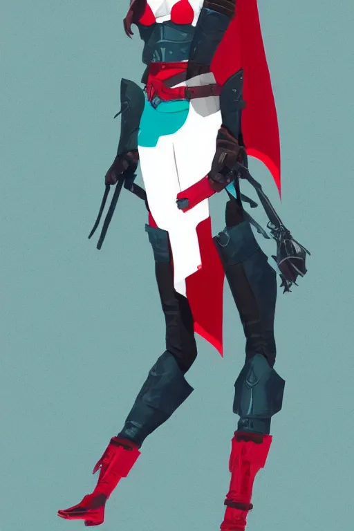 Image similar to female adventurer in tight full - body teal leather armor of japanese design with red accents and a white porcelain crow mask, trending in artstation, japanese, establishing shot