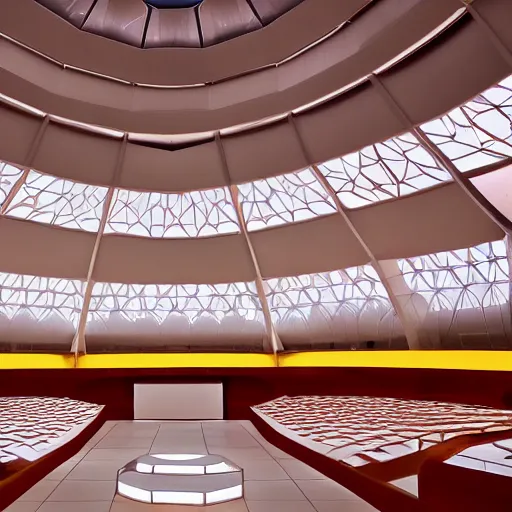 Image similar to interior of a futuristic lotus temple space station with gold, red and white marble panels, by buckminster fuller and syd mead, intricate contemporary architecture, photo journalism, photography, cinematic, national geographic photoshoot