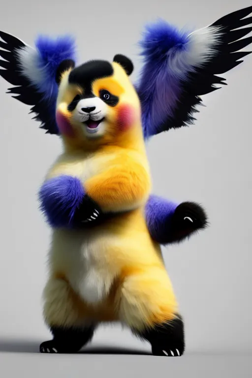 Prompt: high quality 3 d render hyperrealist very cute multicolor stripped fluffy! phoenix panda hybrid with wings!! highly detailed, vray smooth, in the style of detective pikachu, hannah yata charlie immer, dramatic blue light, low angle, uhd 8 k, sharp focus