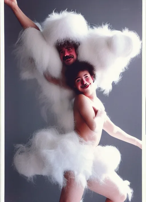 Prompt: realistic photo portrait of the friends, white carnival fluffy mask, wearing hairy fluffy cotton shorts, dancing in the spacious wooden polished and fancy expensive wooden room interior with many cloud sculptures 1 9 9 0, life magazine reportage photo