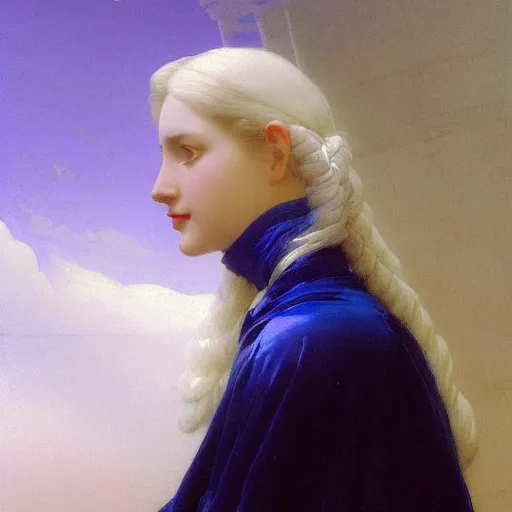 Image similar to a young woman's face, her hair is white and she wears an indigo blue satin cloak, by ivan aivazovsky and syd mead and moebius and gaston bussiere and roger dean and pieter claesz and paul delaroche and alma tadema and aelbert cuyp and willem kalf, hyperrealistic, volumetric light, octane render