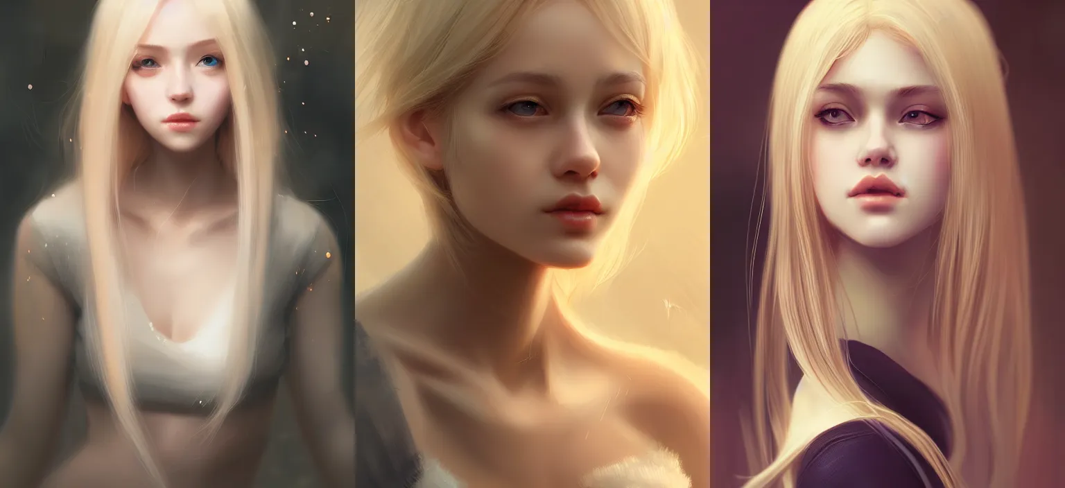 Prompt: a beautiful concept art of a young woman with blonde hair by WLOP, vivid, very detailed, portrait, digital art, soft bokeh, depth of field, trending on artstation