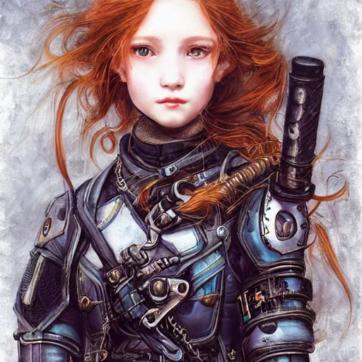 Image similar to portrait of a girl by ayami kojima, scottish, she is about 2 0 years old, wavy redhead, annoying little sister vibes, she is wearing a steampunk tactical gear, highly detailed portrait, digital painting, artstation, concept art, smooth, sharp foccus ilustration, artstation hq