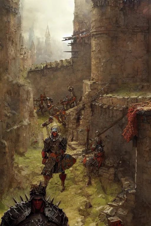 Prompt: A ighly detailed fantasy painting of a male warrior on a castle wall and an approaching army by Marc Simonetti and Craig Mullins