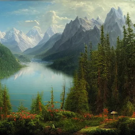 Image similar to a beautiful and highly detailed matte painting of an epic lush mountain range stretching into the distance, fir trees, pine trees, flowers, a lake in the distance, intricate details, epic scale, insanely complex, 8 k, sharp focus, hyperrealism, very realistic, by caspar friedrich, albert bierstadt, greg rutowski, james gurney, zeen chin,