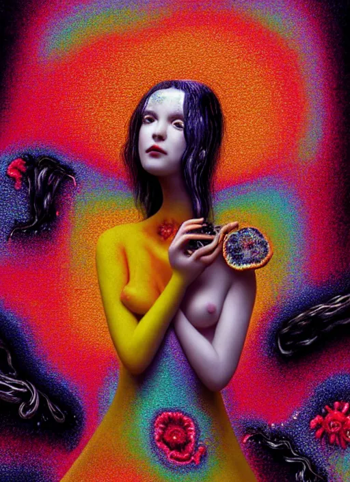 Image similar to hyper detailed 3d render like a Oil painting - black haired girl in mascara seen Eating of the Strangling network of colorful yellowcake and aerochrome and milky Fruit and Her delicate Hands hold of gossamer polyp blossoms bring iridescent fungal flowers whose spores black the foolish stars by Jacek Yerka, Mariusz Lewandowski, Houdini algorithmic generative render, Abstract brush strokes, Masterpiece, Edward Hopper and James Gilleard, Zdzislaw Beksinski, Mark Ryden, Wolfgang Lettl, Dan Hiller, hints of Yayoi Kasuma, octane render, 8k