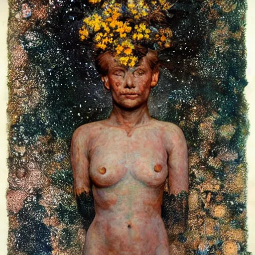 Prompt: a full body sculpture portrait made of stars and dust and flowers and plants, painting part by wojciech siudmak, part by ilya repin, part by max ernst, part by norman rockwell, artstation