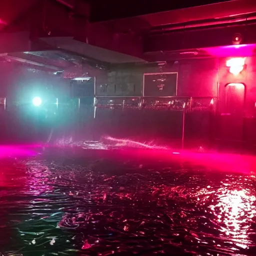 Image similar to empty nightclub dark night water mess