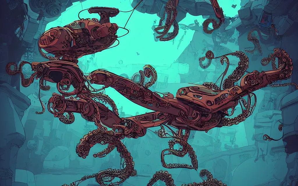 Image similar to robotic flying octopus, in the style of ilya kuvshinov and laurie greasley, dynamic composition, dramatic lighting, ultra detailed, nitro colors