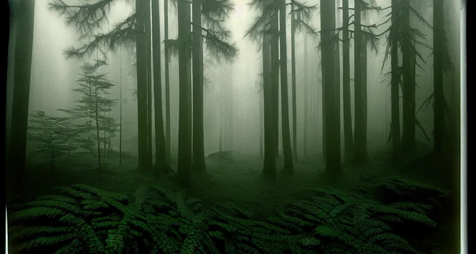 Image similar to deep inside the forest, fog, mist, moss, ferns, by ansel adams, polaroid