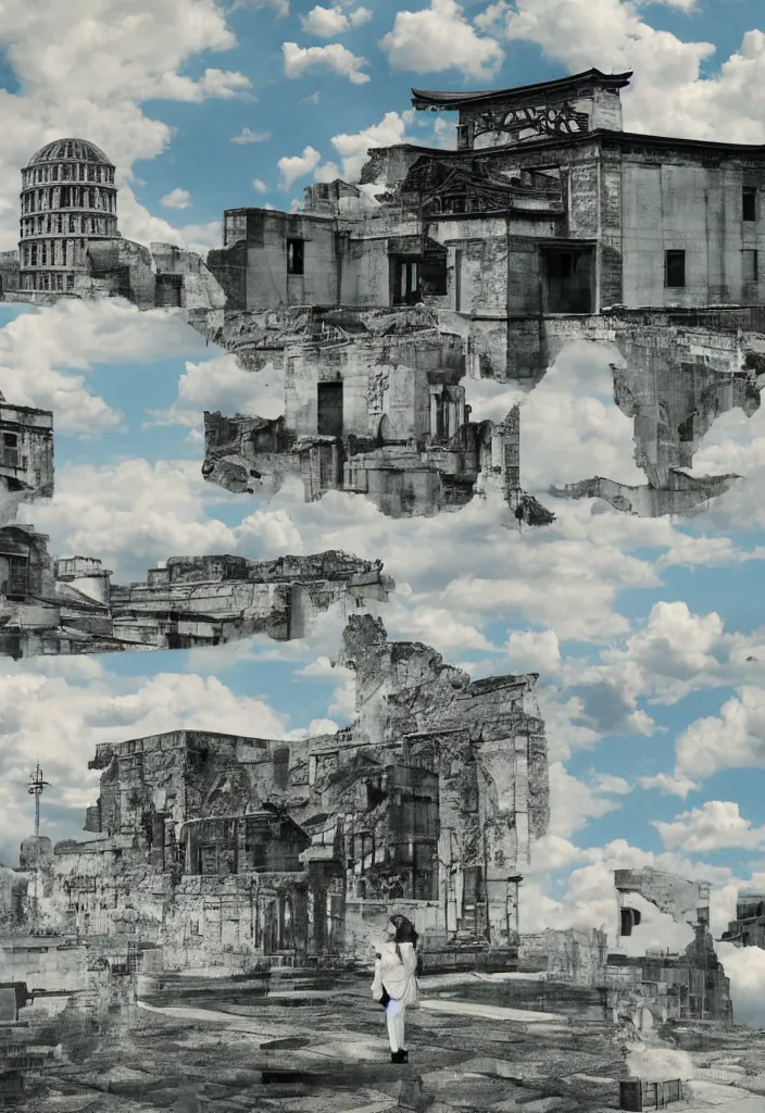 Prompt: sightseeing in hiroshima japan, picturesque view of the atomic bomb dome memorial ruin, a photo collage detailed painting, in the style of wes anderson, lola dupre, david hockney, rene magritte, isolated on negative white space background, dark monochrome with neon airbrush accents, volumetric octane render