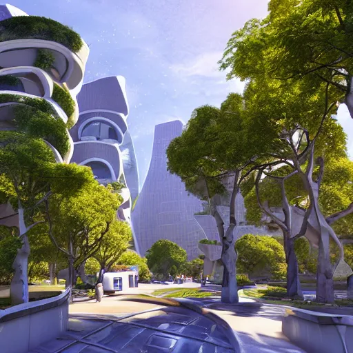 Image similar to Futuristic city, full of nature, trees, parks and gardens, building incorporating natural materials like wood and stone, many people walking about, narrow and winding cosy streets, reuse and recycling of resources, temperate climate, atmosphere of peace and harmony, 3d render, volumetric lighting, extremely detailed, unreal engine, 8k UHD, HDR