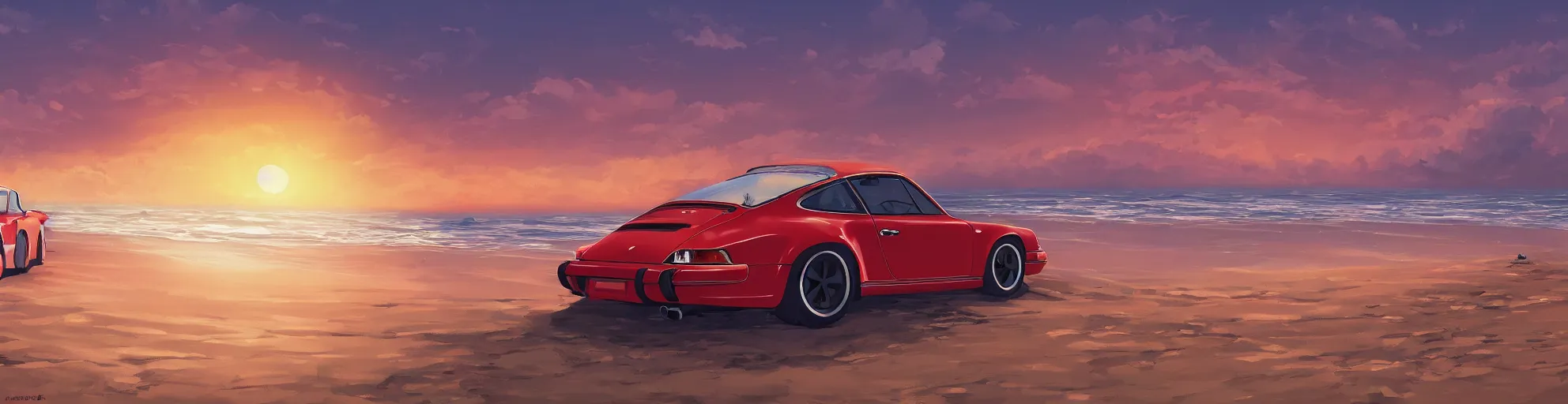 Image similar to beautiful, detailed digital painting of a porsche 9 1 1 on the beach and looking at the sunset, anime by makoto shinkai, sand, waves, trending on artstation
