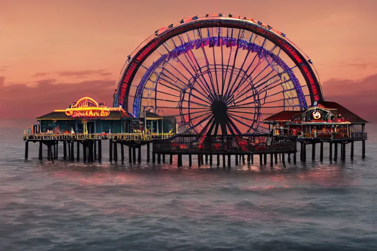 Image similar to Digital Matte Illustration of a beautiful dark Galveston Pleasure Pier night with ferris wheel, roller coaster and lighted swing, in the style of Greg Rutkowski