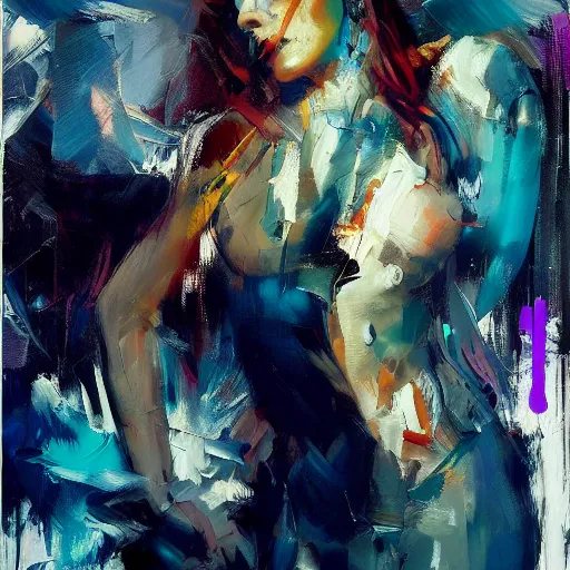 Prompt: portrait of beautiful girl, sensual dancing, ecstatic, techno party, shades of blue, by greg rutkowski, by jeremy mann, by francoise nielly