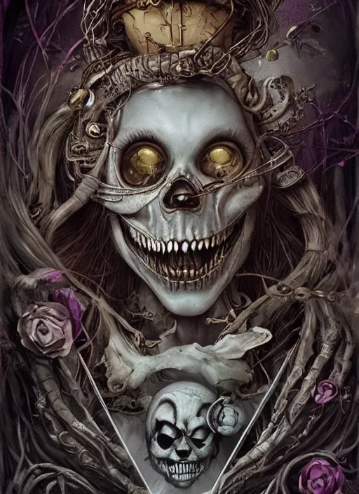 Prompt: Alice in Wonderland Cheshire Cat Death Tarot card,highly detailed,half skull face,cinematic,8k,by Stanley Artgermm,Tom Bagshaw,Greg Rutkowski,Carne Griffiths, Ayami Kojima, Beksinski, Giger,trending on DeviantArt,hyper detailed,horror, full of colour