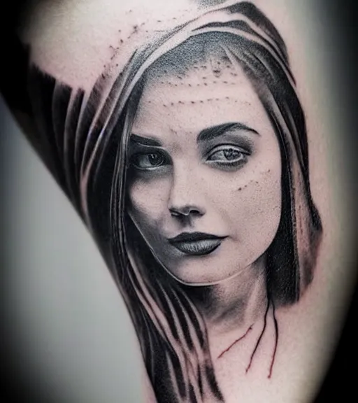 Image similar to tattoo design sketch of an extremely beautiful woman face with a faded background of beautiful mountains on her side, hyper - realistic, double exposure effect, in the style of matteo pasqualin, amazing detail, black and white, faded