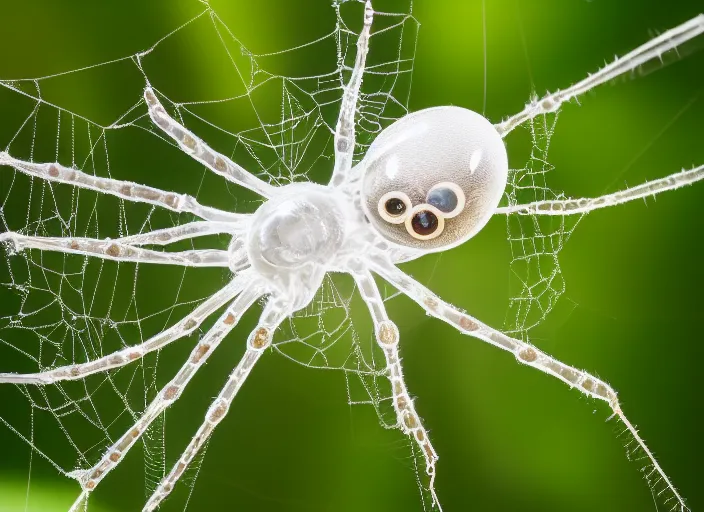 Prompt: super macro of a clear transparent white glass crystal spider with big eyes sitting on a flower, in the forest. fantasy magic style. highly detailed 8 k. intricate. nikon d 8 5 0 3 0 0 mm. award winning photography.