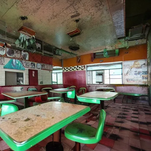 Prompt: abandoned diner with rotting food