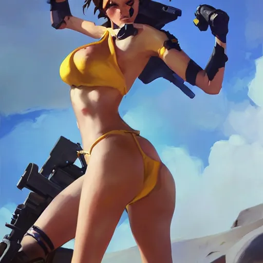 Prompt: greg manchess splashart painting of overwatch's tracer in a bikini, overwatch art team, cinematic composition, award winning art, octane render