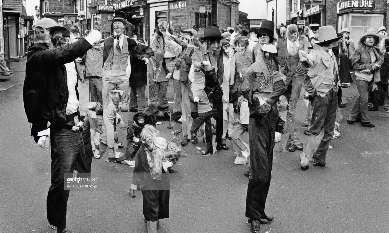 Prompt: leprechaun standing on the streets of 1 9 8 0 ies british town, press photo