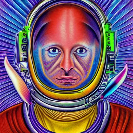 Image similar to a portrait of an astronaut in the style of alex grey,