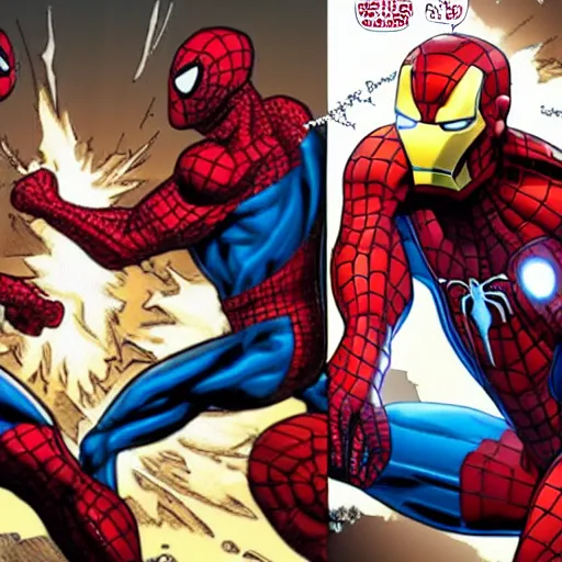 Image similar to iron man fighting versus spiderman in mortal combat